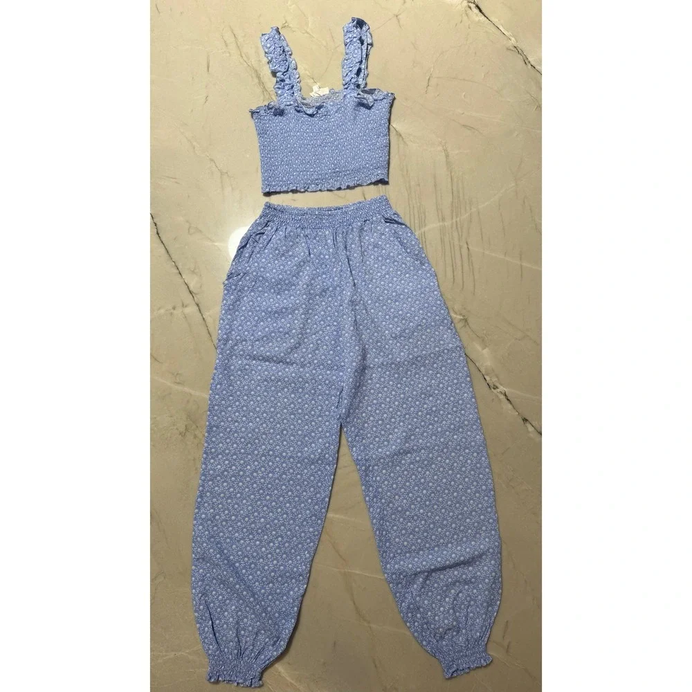 Anthropologie Mable Blue Floral Smocked Crop Top Jogger Pajama Set Womens Size S